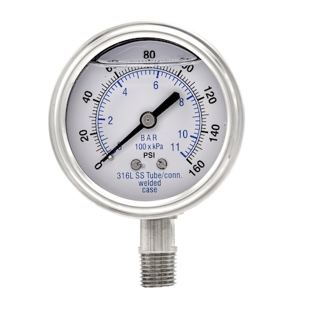 Pic Gauges 2 1/2 in Dial, 1/4 in NPT Male Lower Location, Stainless Steel Case Material PRO-301L-254F-01